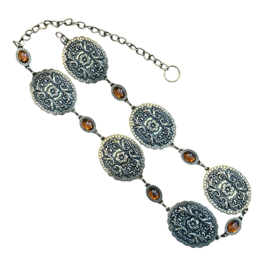 Gold Concho Chain Belt Amber Stones Floral Medallion Boho Western Fits 31-41 - Picture 2 of 9